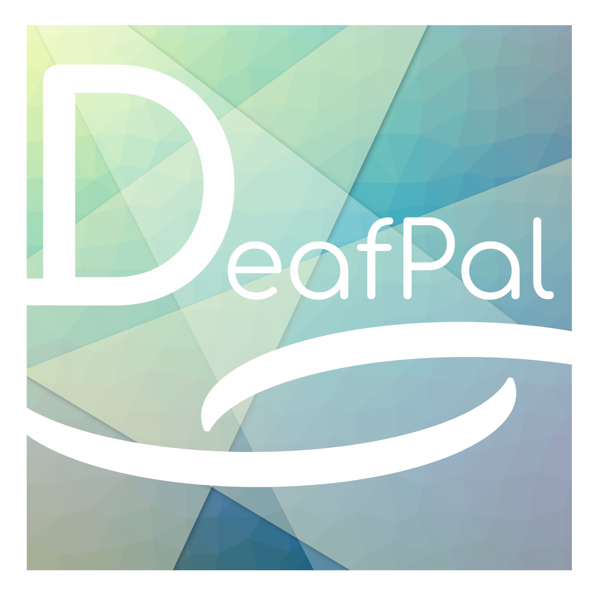 Weißes DeafPal-Logo, das in geschwungenen Linien die Gebärde für Freundschaft darstellt vor grün-blauem Hintergrund